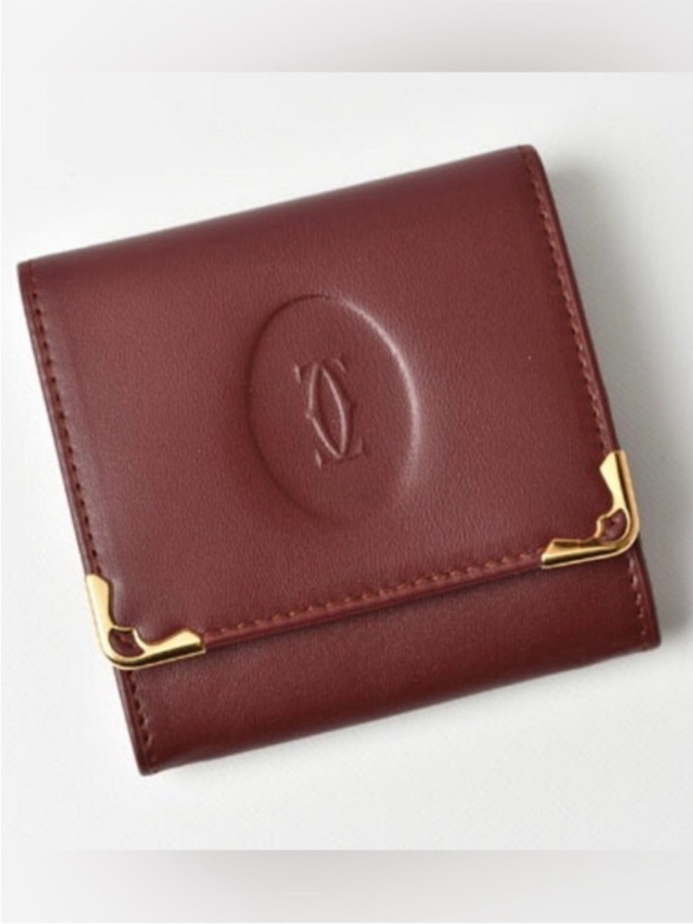 Cartier Coin Case Must de Bordeaux with Gold Corner Accents Snap Closure